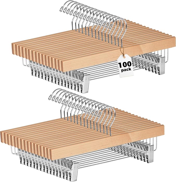 Quality Hangers Wooden Pants Hangers - 100-Pack Swivel Hook Cloth Hanger Set - Lotus Wood Skirt, Pant, Shorts and Slack Hangers with Adjustable Clip – Clothing Hanger Set (Natural, 100) by QualityHangers