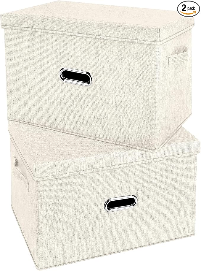 Large Linen Fabric Foldable Storage Bins with Removable Lid and Handles, Washable Storage Box Organizer Containers Baskets Cube with Cover for Bedroom,Office(Cream, Extra Large(2-Pack)) by Unknown
