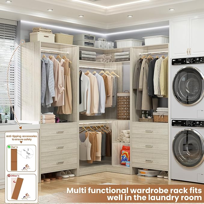 Aheaplus Closet System with 6 Drawers, 4 Hanging Rods & Corner Tower, Corner Closet System with Hanging,80.9" L-Shaped Walk-In Wardrobe Organizer, 2000+ lbs Capacity, Set of 3, White Oak - Image 3