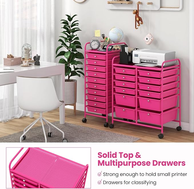 Giantex 12 Drawer Rolling Storage Cart Tools Scrapbook Paper Office School Organizer (Hot Pink) - Image 4