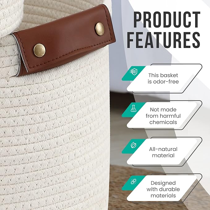 3 Pack Woven Cotton Rope Storage Basket, 15x10x9, Cream | Faux Leather Handles; Decorative Closet Shelf Organizer; Ideal for Storage & Organization - Image 3