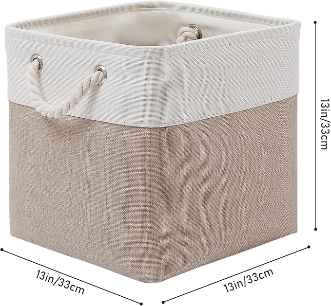 MidmmVick 13 x 13 Inch Cube Storage Bins, 6 Pack Extra Large Collapsible Fabric Storage Bin with Ropes, Foldable Storage Cubes for Home (White & Beige-13"x13"x13") - Image 5