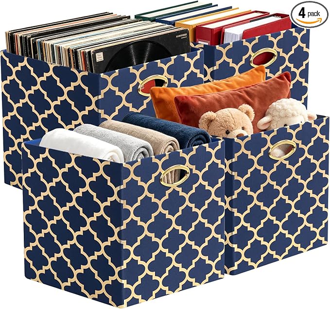 Posprica 13x13x13 Storage Cube Bins, Collapsible Storage Bins Fabric Storage Cubes Organizer Baskets Box Drawers for Shelves, Closet, Wardrobe, Bookshelf Blue/Gold Lantern, 4 Pack by Posprica