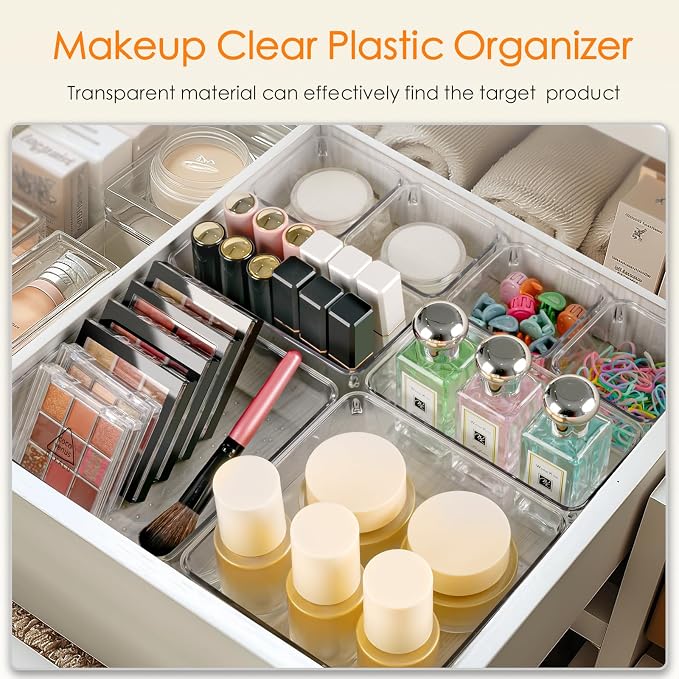 Drawer Organizer, 26 Pack Clear Plastic Drawer Organizer Bins, Versatile Organization and Storage Trays for Kitchen, Bathroom, Vanity Makeup and Office - Image 5