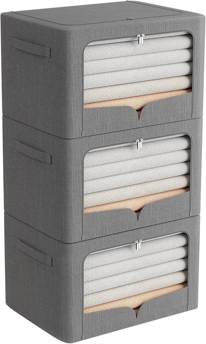 FHSQX 3 Pack Extra Large Clothes Storage Bins Foldable Metal Frame Storage Box Stackable Linen Fabric Organizer Set with Carrying Handles and Clear Window (Dark Gray, 23.6x16.5x15.7inch(100L)) by FHSQX