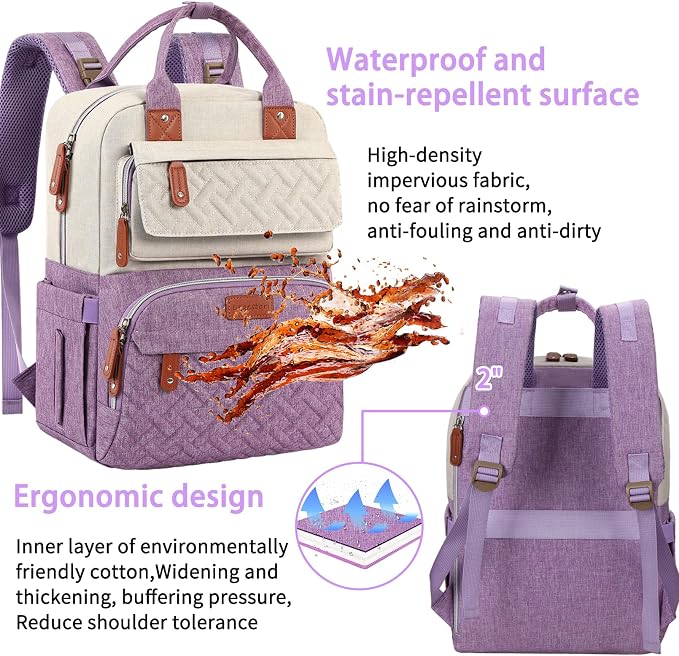Diaper Bag Backpack, Large Unisex Baby Bags for Boys Girls, Purple Baby Nappy Diaper Bag, Multipurpose Travel Back Pack for Moms Dads with Insulated Pockets and Stroller Straps - Image 6
