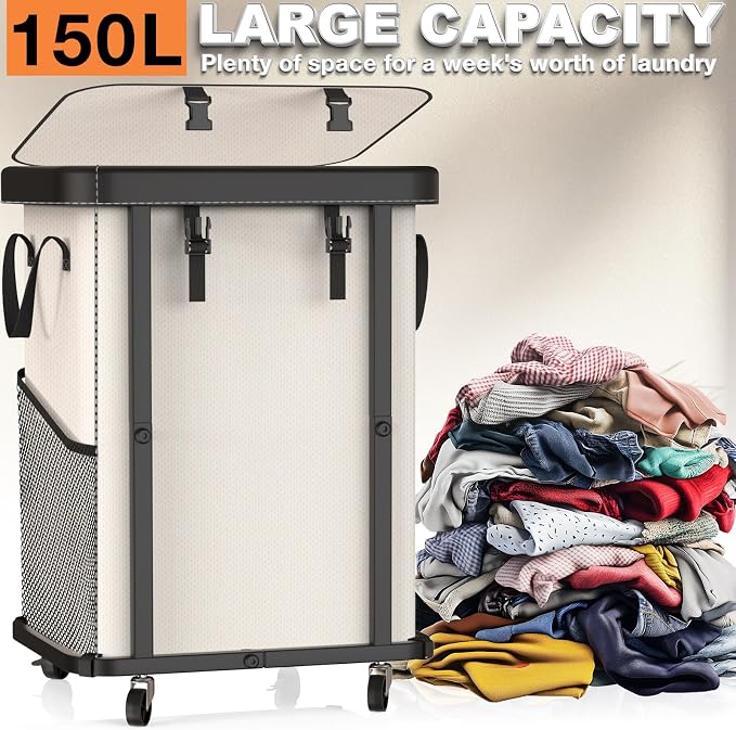 Laundry Basket with Wheels,150L Leather Patchwork Rolling Hamper Carts | Sturdy Metal Frame, Removable Washable Bag, Tall Clothes Sorter for Bedroom, Laundry Room - Beige - Image 3
