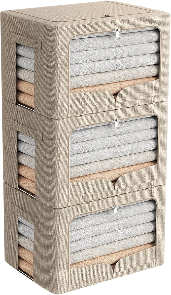 FHSQX 3 Pack Clothes Storage Bins Foldable Metal Frame Storage Box Stackable Linen Fabric Organizer Set with Carrying Handles and Clear Window (Beige, 15.7x11.8x11.8inch(36L)) by FHSQX
