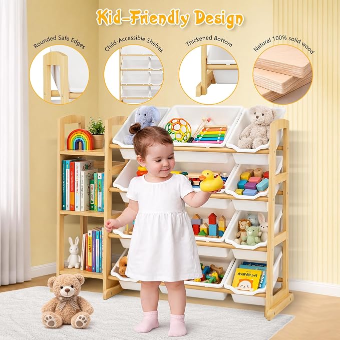 Toy Storage Organizer with 12 Bins & 3-Tier Bookshelf - White | 12 Removable Bins Keep Toys Sorted; 3-Tier Kids Bookshelf Creates Easy-Access Storage for Kids Rooms and Playrooms - Image 3