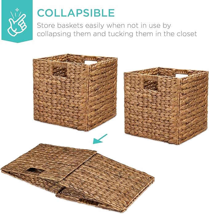 Best Choice Products 13x13in Pack of 5 Cube Storage Baskets, Water Hyacinth Multipurpose Collapsible Organizers, Handwoven Laundry Totes for Laundry, Living Room, Kids Room & Nursery - Chestnut - Image 3