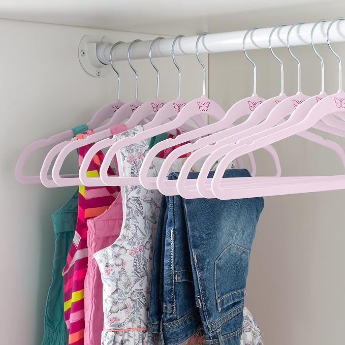 Simplify 50 Pack Kids Velvet Hangers | Slim | Non-Slip Design | Space Saving | Childrens Clothes | Shirts | Pants | Dresses | Baby Nursery | Closet Storage & Organization | Blush - Image 4