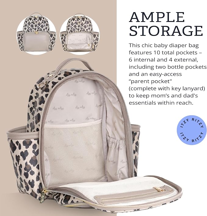 Itzy Ritzy Mini Diaper Bag Backpack - 10 Pockets w/Changing Pad (Leopard) | Chic Mini Plus Diaper Bag with 2 Insulated Bottle Pockets, Key Lanyard, Wipeable Changing Pad, Grab-Top Handle & Rubber Feet - Image 4