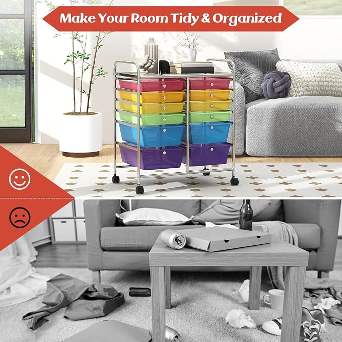 Moccha 12-Drawer Rolling Storage Cart - Utility Cart on Wheels with Lockable Casters for Craft Art Supply Paper Salon, Mobile Drawer Carts for Classroom Teacher School Office (Rainbow) - Image 7