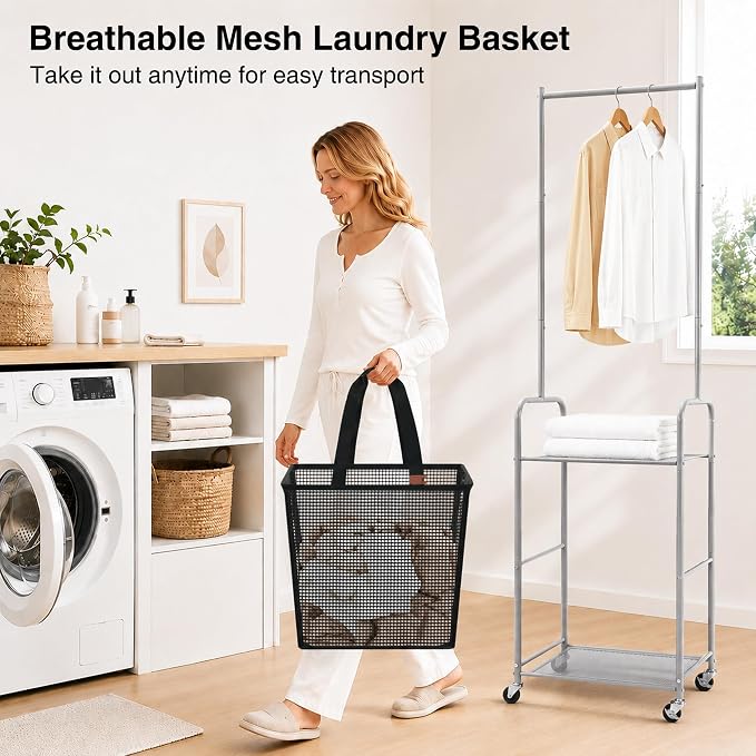 STO STO 3-in-1 Laundry Cart with Hanging Rack, Slim Space-Saving Rolling Laundry Sorter Hamper with Hanging Bar, Removable Pop-Up Mesh Laundry Basket, Storage Shelf, Lockable Wheels for Small Spaces - Image 5