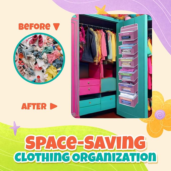 Weekly Clothes Organizer for Kids, Monday through Friday Clothing, 6 Shelf | Houseables Days of the Week Clothes Organizer, Kids Closet, Daily Outfit Storage, Weekday, M-F, School, Hanging, Over Door - Image 7