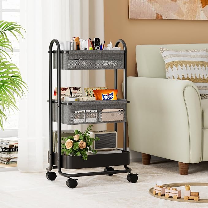 Modanais Baby Diaper Caddy Organizer Cart - 3 Tier Rolling Cart, Black | Lockable Wheels, Baby Essentials Nursery Storage, Detachable Dividers - for Crib, Bedroom, Art & Craft Organizer - Image 4