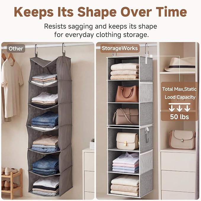 StorageWorks 6-Shelf Closet Organizers, Two 3-Shelf Separable Hanging Shelves for Close, 12 1⁄2" D x 12 1⁄2" W x 47 ¼" H, Canvas, Gray - Image 5