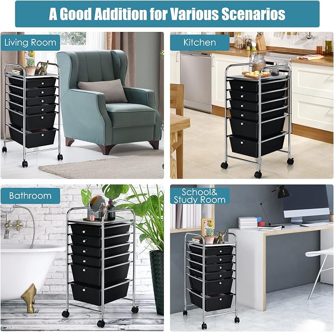 GOFLAME 6-Drawer Rolling Storage Cart, Multifunctional Art Craft Organizer, Mobile Utility Storage with Removable Drawers & Lockable Wheels, Craft Cart for Home Office, School, Black - Image 8