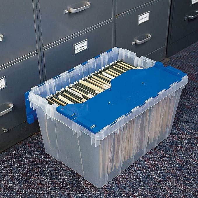 Akro-Mils KeepBox 12 Gallon Storage Container, Nesting and Stackable Plastic Storage Box with Lid Attached and Rails for Letter Size Hanging File Folders, 21" x 15" x 12", Clear/Blue, 6-Pack - Image 4