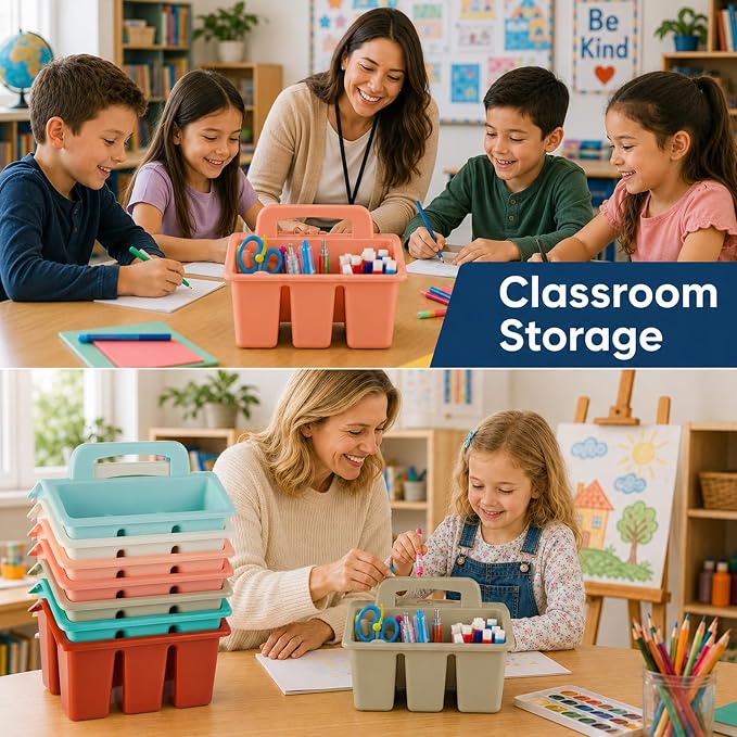 gisgfim 8 Pack Boho Classroom Caddy Table Organizer with Handle | Sturdy plastic construction, 4 divided slots, space-saving stackable design, smooth grip, portable center handle - Image 6