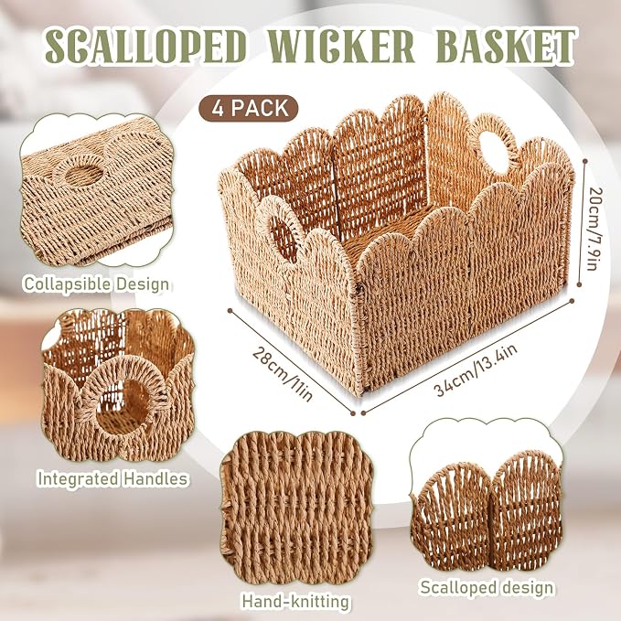 Leinuosen 4 Packs Scalloped Wicker Storage Basket Paper Rope Pantry Baskets for Shelves Organizing Toilet Paper Foldable Rattan Cube Storage Bins Boho Organizer Bins for Home, 13 x 11 x 7.9 Inches - Image 2