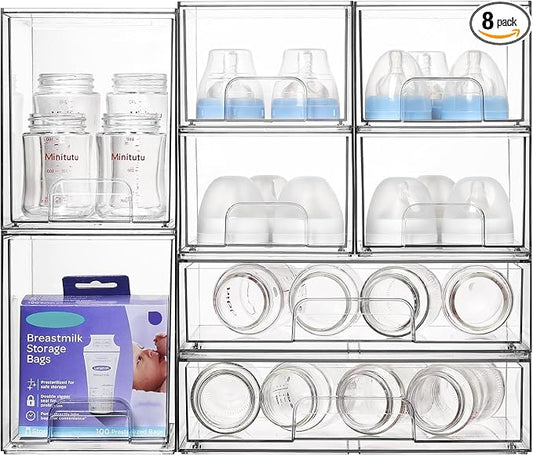 Vtopmart Clear Stackable Storage Drawers Set of 8, Plastic Organizer Bins | Multi-purpose Boxes for Baby Bottle Storage, Ideal for Kichen, Vanity, Bathroom, Undersink, Cabinet, Pantry Organization by Vtopmart