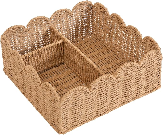 Rattan Divided Scalloped Basket,Wicker Diaper Caddy Scalloped Baske,Woven Natural Basket with 4 Dividers,Suitable for Baby Rooms, Bathrooms, Bedrooms (Paper Rope) - Image 6