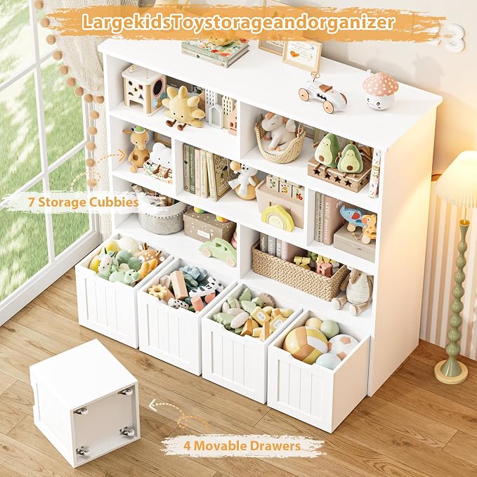 Toy Storage Organizer with Movable Drawer Toy Organizer for Kids | Kids Bookshelf and Toy Chest Storage with Hidden Wheels, Toy Organizers and Toy Storage for Playroom, White - Image 5