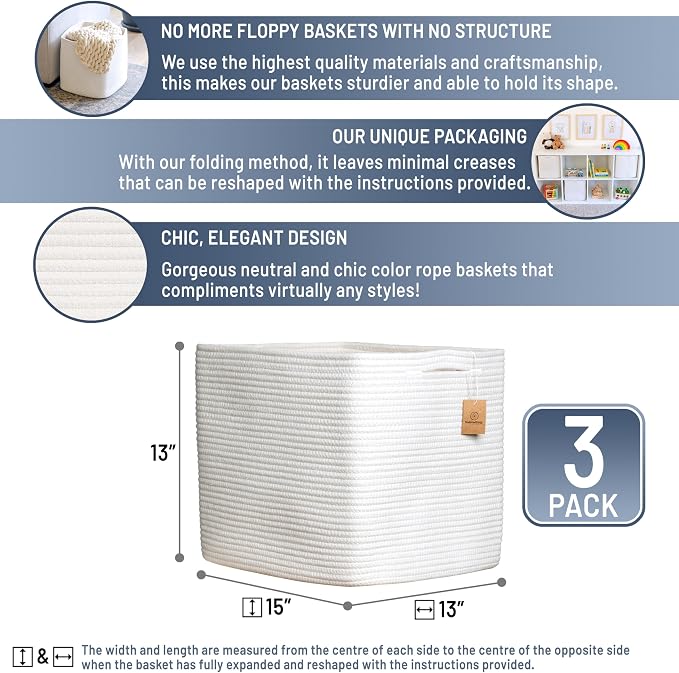 NaturalCozy 13x15x13 Kallax Storage Cubes, 3 Pack | Cotton Rope Cube Storage Bins Woven Baskets for Organizing | Kallax Insert Baskets for Shelves Organizer, Kids Toy, Pantry, Closet, Baby Nursery - Image 2