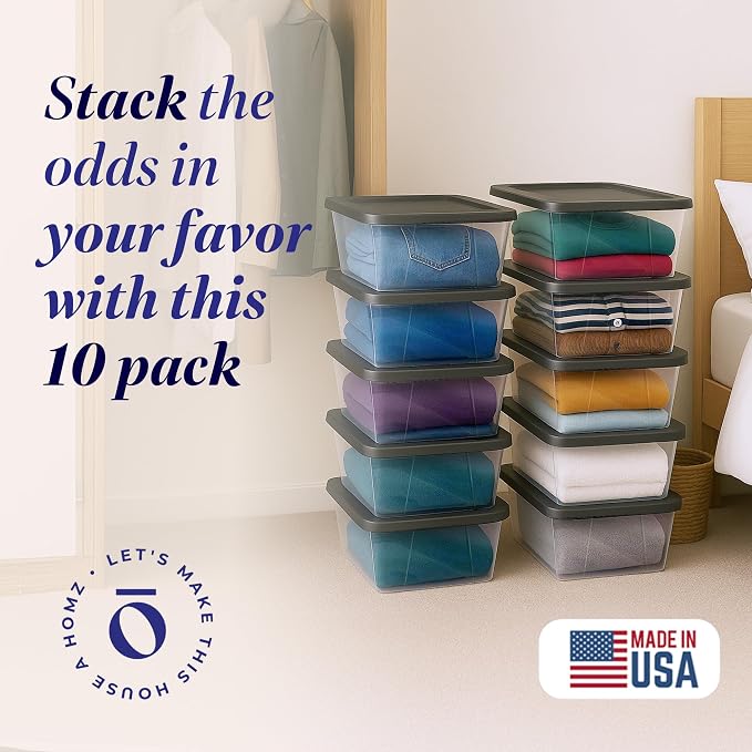 HOMZ 10-Pack Snaplock, Small Clear Plastic Storage Organizer Bins w/Lids, 6 Quart, Gray - Stackable Container Boxes for Bedroom, Bathroom, Garage, and Office Organization - Image 2
