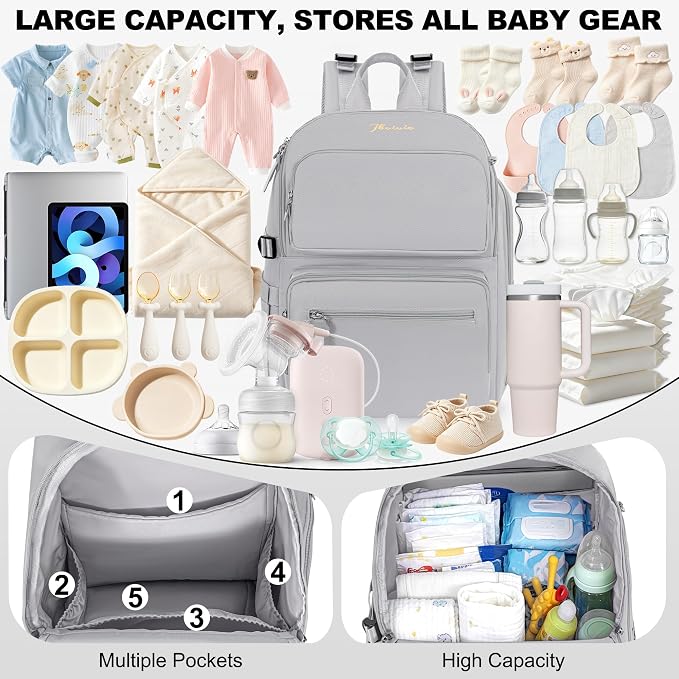 IBVIVIC Diaper Bag Backpack with Portable Changing Pad, Soft Gray | Multifunctional Baby Bag for Mom Dad, Large Capacity, Stroller Straps, Insulated Bottle Pockets & Pacifier Case - Image 3