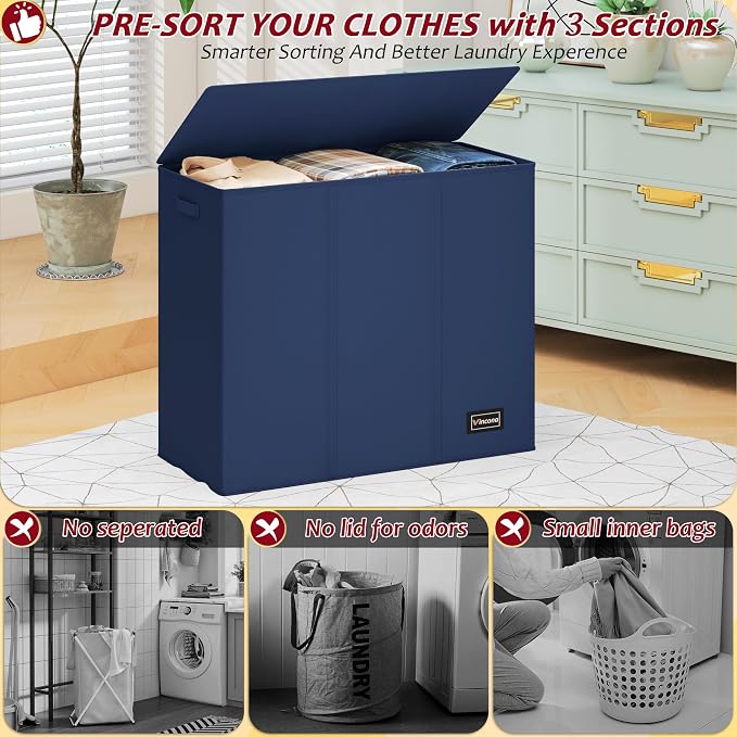 195L Laundry Hamper 3 Section,Large Laundry Hamper with Lid,Dirty Clothes Hamper with 3 Inner Bags,Collapsible Laundry Basket Organizer for Laundry Room,Laundry Sorter Hamper 3 Compartment(Blue) - Image 3