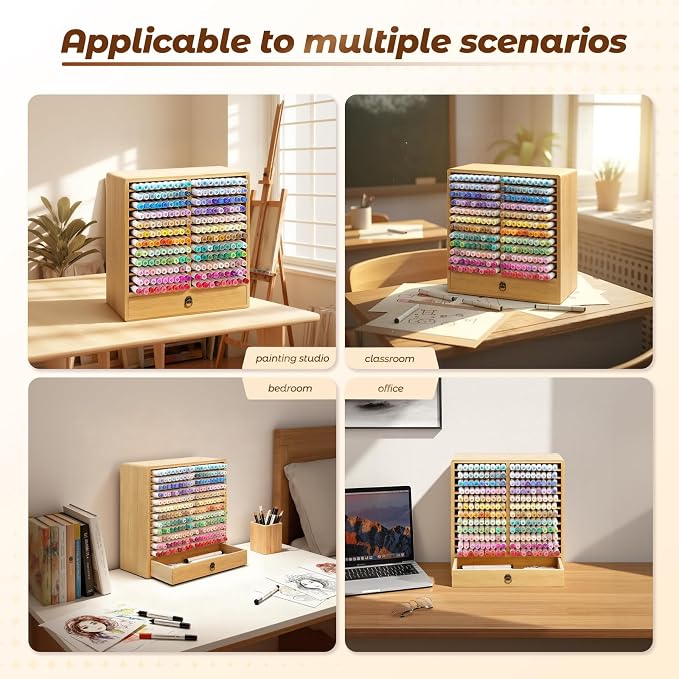 Marker Organizer, 24 Slots Wooden Storage for Up to 216 Markers with Drawer | Art Supply Alcohol Pen Storage Desktop Bamboo Marker Holder,Keeping Color Visible,Easy to Reach in Home Office and Classroom. - Image 7