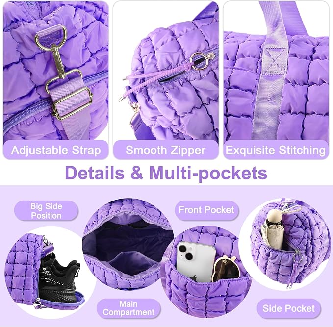 Quilted Travel Duffle Bag Gym Bag for Women,Large Puffer Duffle Weekender Bag with Compartment,Workout Overnight Carry on Organizer Bag Duffle Bag for Airplane Travel(Purple) - Image 5