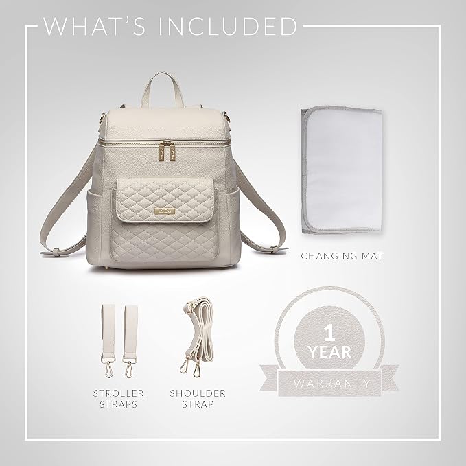 Monaco Large Diaper Bag Backpack by Luli Bebe - Designer Modern Vegan Leather Stylish Baby Backpack Diaper Bag for Mom, Multipurpose, Roomy, with Changing Pad (Pearl White) - Image 8