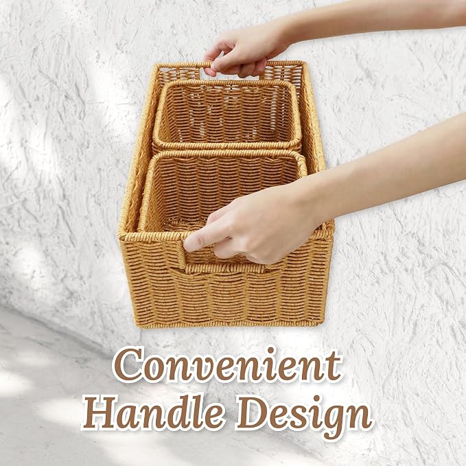 WeeNest Wicker Basket with Handle, Shelf Baskets for Organizing, Woven Organization Storage with Handles, Resin Wicker Set of 3, Latte - Image 3