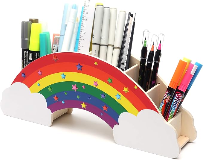 Exerz Rainbow Pencil Holder Desk Organizer with 50 Star Stickers for Kids | Pressed Wood 6 Compartments No Assembly for Pens Markers Brushes Rulers Study Craft Ideal for by Exerz
