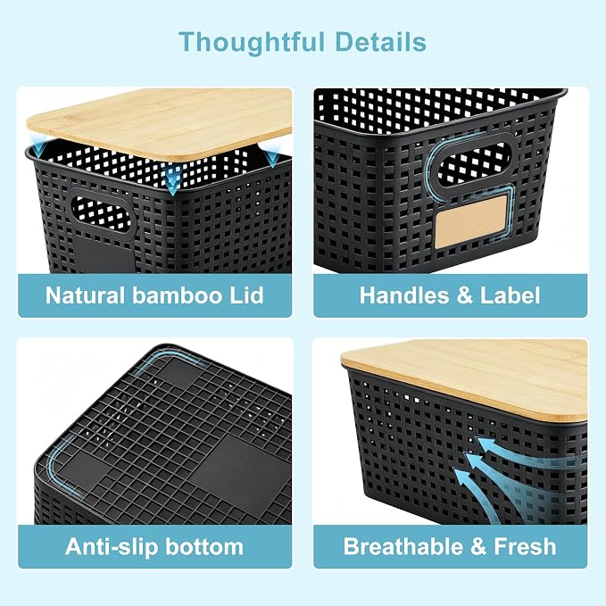 Small Plastic Storage Bins with Bamboo Lids 5.2qt Stackable Box Basket Pantry Decorative Containers Cute with Lable for Organizing Desktop Closet Office Black of 6 packs 10 * 7.2 * 4.1" - Image 8