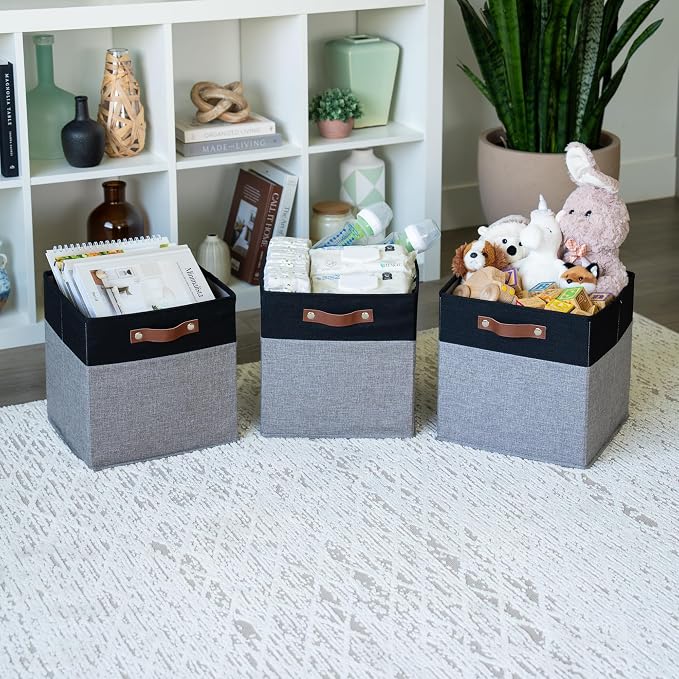 OrganiHaus 12x12 Cube Storage Bins, Set of 4 - Fabric Storage Cubes | Sturdy, holds its shape; odor-free; fits 12-inch cube shelves; vegan leather handles - Image 4