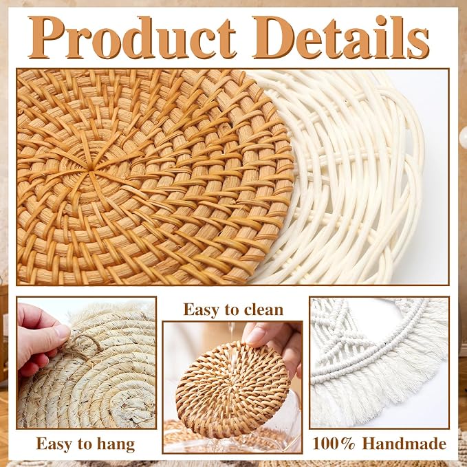 iChuan Boho Wall Hanging Basket Decor Set – 10-Piece Macrame and Woven Wall Art, Handmade Tapestry Wall Decor Seagrass Ornaments Round Tassels for Living Room, Bedroom, Nursery - Image 3