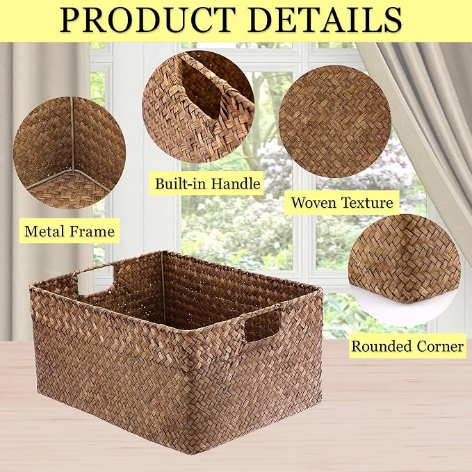 Hipiwe Seagrass Storage Baskets Bin for Shelf, X-Large Woven Wicker Basket | Rectangular Bathroom Baskets Organizer Built-in Handles, Multipurpose Storage Basket Bin, 16.1"L x11.8"W x7.7"H - Image 5