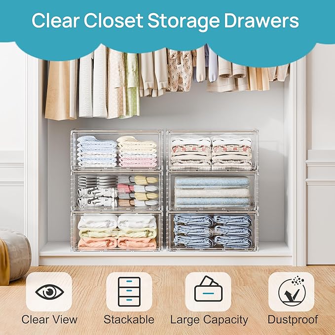 Vtopmart 4 Pack Large Clear Stackable Storage Drawers 23QT | Easily Assemble Plastic Closet Storage Bins, Dust-Proof UnderBed Organizer for Clothing, Sweater Organization - Image 4