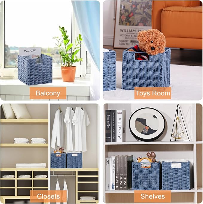 Wicker Storage Basket, Set of 2 Hand-Woven Storage Baskets for Shelves with Handles, Foldable Cube Storage Baskets Bins 11 Inch Large Wicker Baskets for Pantry Decor, Blue(11''x11''x11'') - Image 5