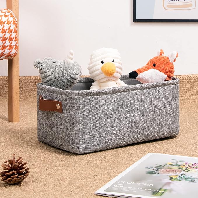 DULLEMELO Small Storage Baskets 11.8"x7.9"x5.1", Fabric Storage Bins for Shelves,Closets,Nursery,Home,Office [3 Pack], Collapsible Storage Baskets with Leather Handles (Gray) - Image 2