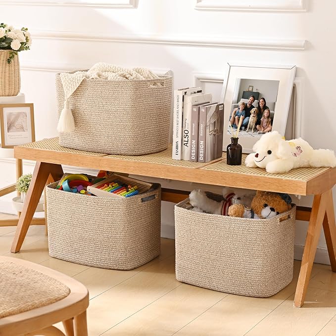 3 Pack Cube Storage Bin, 17”x12”x12” Cotton Rope Woven Baskets for Organizing Toys Clothes Towels, Square Gift Storage Baskets for Shelves, Nursery, Closet, Bathroom, Pantry (Jute) - Image 3