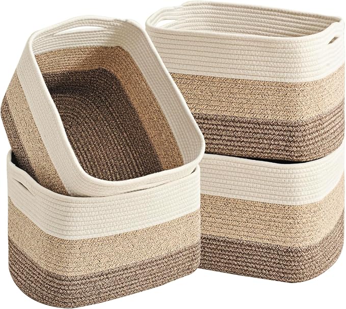Small Storage Baskets for Organizing Shelves, Woven Cotton Rope Basket for Storage, Cute Rectangular Book Toy Baskets, 12.7"×9.1"×7.9", 4 Packs, Gradient Brown by Unknown
