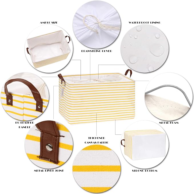 Hinwo 70L Extra Large Canvas Storage Bin with Lid and Handles | Collapsible Fabric Basket, Closet Shelf Organizer, Container for Clothing, Blankets, Toys, Bedding (Yellow Stripe) - Image 5