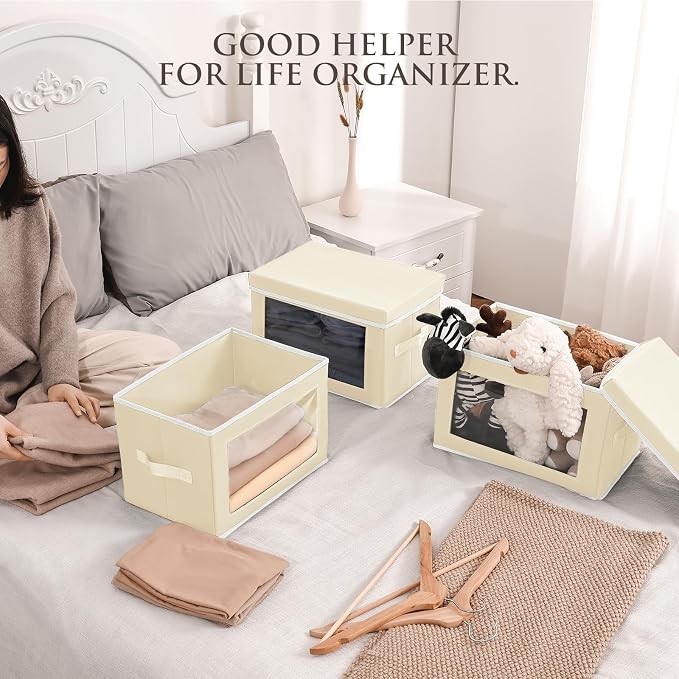 Fabric Storage Bins with Lids, Storage Cubes with Window, Decorative Storage Boxes Baskets for Organizing, Closet Organizer Storage Bins for Home, Office, 3 Packs, Beige - Image 3
