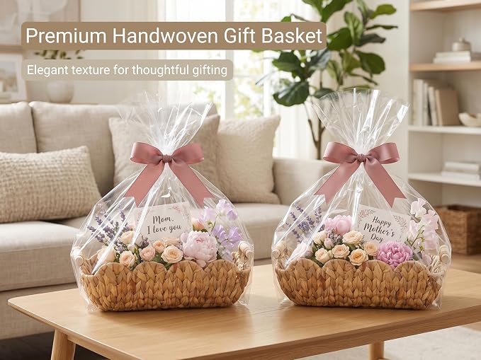 Coeusy Gift Basket, Cute Wicker Basket for Gifts, Scalloped Woven Water Hyacinth Storage Basket with Wooden Handles for Snack, Display, Shelves, 2 Pack - Image 2