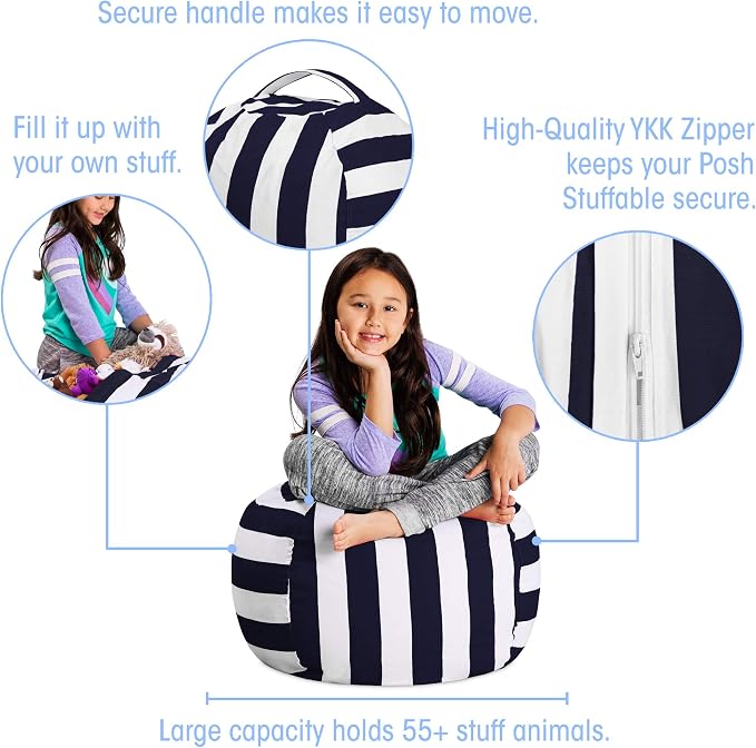 Posh Stuffable Kids Stuffed Animal Storage Bean Bag Chair Cover - Childrens Toy Organizer, Medium 27" - Canvas Stripes Blue and White - Image 2